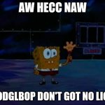 Spongebob Advanced Darkness | AW HECC NAW SPODGLBOP DON'T GOT NO LIGHT | image tagged in spongebob advanced darkness | made w/ Imgflip meme maker