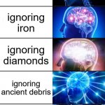 What do you ignore? | ignoring coal; ignoring iron; ignoring diamonds; ignoring ancient debris; ignoring notch apples | image tagged in 5-tier expanding brain,minecraft | made w/ Imgflip meme maker