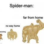 spider-man | Spider-man:; far from home; no way home; homecoming | image tagged in cheems buff doge ultra doge,no way home,far from home,homecoming,marvel,spider-man | made w/ Imgflip meme maker