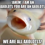Axolotl  | *AHEM* I AM AN AXOLOTL YOU ARE AN AXOLOTL; WE ARE ALL AXOLOTLS! | image tagged in axolotl | made w/ Imgflip meme maker
