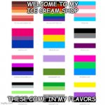 now that i have a whole army at my house, still worth it | WELCOME TO MY ICE CREAM SHOP; THESE COME IN MY FLAVORS | image tagged in lgbtq flags,lol | made w/ Imgflip meme maker