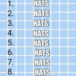 Top 10.... | HATS; HATS; HATS; HATS; HATS; HATS; HATS; HATS; HATS; HATS; HATS
 ★☆★★☆★☆★★☆★●◆■▲▼▼●◆■▲▼●◆■▲▼♪♪ | image tagged in top 10 | made w/ Imgflip meme maker