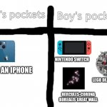 Infinite storage | HALF AN IPHONE NINTENDO SWITCH LEGO DEATH STAR HERCULES-CORONA BOREALIS GREAT WALL | image tagged in girl's pockets v s boy's pockets | made w/ Imgflip meme maker