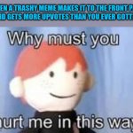 Meme logic is confusing | WHEN A TRASHY MEME MAKES IT TO THE FRONT PAGE
AND GETS MORE UPVOTES THAN YOU EVER GOTTEN | image tagged in why must you hurt me in this way | made w/ Imgflip meme maker