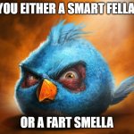 angry birds blue | YOU EITHER A SMART FELLA; OR A FART SMELLA | image tagged in angry birds blue | made w/ Imgflip meme maker