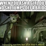 Relatable right? | WHEN YOU ASK A GIRL OUT AND SHE JUMPS OFF A BRIDGE: | image tagged in interesting reaction but what does it mean,e | made w/ Imgflip meme maker