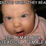 E | FEMINISTS WHEN THEY REALIZE ITS A MAILBOX INSTEAD OF A FEMALE BOX | image tagged in memes,evil baby | made w/ Imgflip meme maker