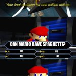 Smg4 your final question for one million dollars | CAN MARIO HAVE SPAGHETTI? NO; NO; NO; NO; CAN MARIO HAVE SPAGHETTI? YEA BITCH! | image tagged in smg4 your final question for one million dollars | made w/ Imgflip meme maker