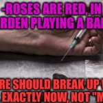 -Right here, right NOW! | -ROSES ARE RED, IN GARDEN PLAYING A BABY:; YOU ARE SHOULD BREAK UP WITH HEROIN, EXACTLY NOW, NOT "MAYBE"! | image tagged in heroin,don't do drugs,overdose,so you have chosen death,break up,the more you know | made w/ Imgflip meme maker