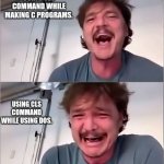 Life of BCA students ? | USING CLS COMMAND WHILE MAKING C PROGRAMS. USING CLS COMMAND WHILE USING DOS. | image tagged in pedro pascal | made w/ Imgflip meme maker
