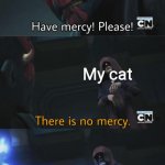 This happened a few minutes ago and I immediately made this meme | My dad at 2AM; My cat; Loud meowing | image tagged in no mercy | made w/ Imgflip meme maker