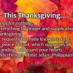Thanksgiving | This Thanksgiving... Be anxious for nothing, 
but in everything by prayer and supplication, with thanksgiving, 
let your requests be made known to God;  
and the peace of God, which surpasses all understanding, will guard your hearts and minds through Christ Jesus. Philippians 4:6-7; dodie neatfreakwannabe | image tagged in leaves | made w/ Imgflip meme maker