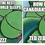 sleeping squidward | HOW THE REST OF THE WORLD SLEEPS; HOW US CANADIANS SLEEP; ZZZ; ZED ZED ZED | image tagged in sleeping squidward | made w/ Imgflip meme maker