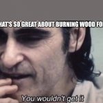 Wood burning | THEM: WHAT'S SO GREAT ABOUT BURNING WOOD FOR HEAT?? | image tagged in joker you wouldn't get it | made w/ Imgflip meme maker