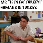 i don’t think they like thanksgiving lol | ME: “LET’S EAT TURKEY!” HUMANS IN TURKEY: | image tagged in surprised joey,turkey,thanksgiving,dark humor,food,fallout hold up | made w/ Imgflip meme maker