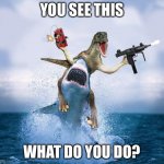 If you see this, what do you do? | YOU SEE THIS WHAT DO YOU DO? | image tagged in raptor riding shark | made w/ Imgflip meme maker