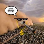 I hate cities | DAMN YOU CITY | image tagged in dust storm dog | made w/ Imgflip meme maker