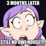 Shocked Amity | 3 MONTHS LATER; STILL NO OWL HOUSE!!!! | image tagged in shocked amity | made w/ Imgflip meme maker