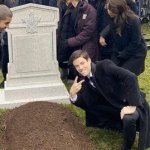 Guy posing infront of grave meme