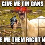 GIVE ME TIN CANS | GIVE ME TIN CANS; GIVE ME THEM RIGHT NOW | image tagged in screaming goat | made w/ Imgflip meme maker