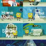 Adult shows | American Dad; Cartoons are for kids only; Home Movies; Robot Chicken; SMG4; Family Guy; The Simpsons | image tagged in how many diapers could he possibly use | made w/ Imgflip meme maker