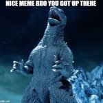 Laughing Godzilla | NICE MEME BRO YOU GOT UP THERE | image tagged in laughing godzilla | made w/ Imgflip meme maker