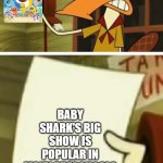 baby shark big show | BABY SHARK'S BIG SHOW IS POPULAR IN MANY PRESCHOOLS | image tagged in camp lazlo | made w/ Imgflip meme maker