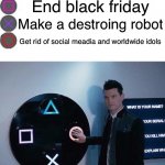 If you dont want this dont provocke me | Put earth in flames; End black friday; Make a destroing robot; Get rid of social meadia and worldwide idols | image tagged in 4 buttons | made w/ Imgflip meme maker