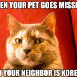 Suspicious Cat | WHEN YOUR PET GOES MISSING AND YOUR NEIGHBOR IS KOREAN | image tagged in memes,suspicious cat | made w/ Imgflip meme maker