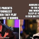 oh dear oh dear gorgeous and you f****** donkey | ABUSIVE PARENTS TO THE OLDEST ONE WHEN HE/SHE SLEEP AT 9 AND NOT 8 EVEN DO ITS THURSDAY; ABUSIVE PARENTS TO THE YOUNGEST SIBLING WHEN THEY PLAY VIDEO GAMES FOR 12 HOURS | image tagged in oh dear oh dear gorgeous and you f donkey | made w/ Imgflip meme maker