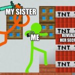 I won't let you share my secrets!!!! | MY SISTER; ME; REVEALING HER SECRETS | image tagged in alan becker tsc kills green | made w/ Imgflip meme maker