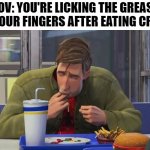 Greasy Fingers | POV: YOU'RE LICKING THE GREASE OFF YOUR FINGERS AFTER EATING CRISPS | image tagged in spiderman eating,grease,spiderman,chips,pov,relatable | made w/ Imgflip meme maker