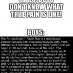 Yea, I know everyone took the pacer test, but it’s just for a meme. | GIRLS: BOYS DON’T KNOW WHAT TRUE PAIN IS LIKE! BOYS: | image tagged in pacer test,pain | made w/ Imgflip meme maker