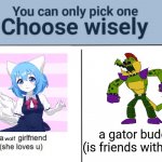 Choose Wisely | a gator buddy (is friends with you) wolf | image tagged in choose wisely,fnaf,youtube | made w/ Imgflip meme maker
