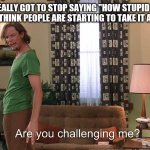 Do people read these? | I HAVE REALLY GOT TO STOP SAYING "HOW STUPID CAN YOU BE" BECAUSE I THINK PEOPLE ARE STARTING TO TAKE IT AS A CHALLENGE | image tagged in are you challenging me | made w/ Imgflip meme maker