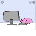 Kirby thumbs up while looking at a computer template