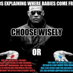 Matrix Morpheus Offer | DADS EXPLAINING WHERE BABIES COME FROM:; CHOOSE WISELY; OR; YOU TAKE THE BLUE PILL, I WILL EXPLAIN IN A WAY WHERE YOUR INNOCENCE WILL STAY INTACT AND YOU CAN MOVE ON WITH LIFE LIKE NOTHING HAPPENED WITH A CLEAR MIND; YOU TAKE THE RED PILL, YOU AND I WILL GO ON A TRIP SO BAD, SO SOUL CRUSHING, SO HORRIFICALLY HORRENDOUS, THAT YOU WONT BE ABLE TO LOOK ME AND YOUR MOM IN THE EYES ANYMORE WITHOUT THE BITTER STING OF REGRET SEEP IN | image tagged in matrix morpheus offer | made w/ Imgflip meme maker