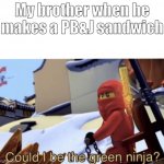 My brother cannot make a good PB&J | My brother when he makes a PB&J sandwich | image tagged in could i be the green ninja | made w/ Imgflip meme maker