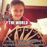 girl with two uno cards | Astra
Zeneca; Pfizer and Moderna; THE WORLD; Omicron Variant, which the vaccines are ineffective against | image tagged in girl with two uno cards,covid-19,coronavirus,omicron,memes,funny | made w/ Imgflip meme maker
