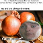 Onions | One of the staff members at my old elementary school: develops allergies to onions and the smell of them; Me and the chopped onions: | image tagged in gonna cry onion,blank white template,onions,onion,funny,memes | made w/ Imgflip meme maker