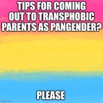 halp ;^; | TIPS FOR COMING OUT TO TRANSPHOBIC PARENTS AS PANGENDER? PLEASE | image tagged in pan flag | made w/ Imgflip meme maker