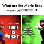 I agree with Luigi | PORCH PIRATING; IF THEY PIRATE YOUR PORCH THEIR HOUSE GOES DOWN WITH A TORCH; LUIGI IS RIGHT | image tagged in what are the mario bros views on | made w/ Imgflip meme maker