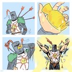 Knight drinking potion to overcome damage