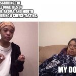 Dog cheese | ME DESCRIBING THE SUBTLE QUALITIES OF FLAVOR, AROMA, AND MOUTH FEEL DURING A CHEESE TASTING. MY DOGS | image tagged in lecturing mom | made w/ Imgflip meme maker