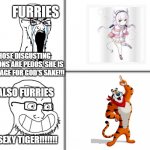 Furries demonizing Lolicons as pedos despite them jerking off to cartoon animals | FURRIES; THOSE DISGUSTING LOLICONS ARE PEDOS, SHE IS UNDERAGE FOR GOD'S SAKE!!! ALSO FURRIES; OMG SEXY TIGER!!!!!!! | image tagged in happy unhappy soyjak | made w/ Imgflip meme maker
