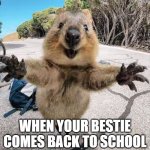 school bestie | WHEN YOUR BESTIE COMES BACK TO SCHOOL | image tagged in quokka i love you | made w/ Imgflip meme maker