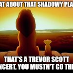 Mufasa tips | WHAT ABOUT THAT SHADOWY PLACE? THAT'S A TREVOR SCOTT CONCERT, YOU MUSTN'T GO THERE. | image tagged in memes,lion king | made w/ Imgflip meme maker
