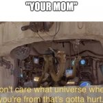 I don't care what universe where you're from that's gotta hurt | "YOUR MOM" | image tagged in i don't care what universe where you're from that's gotta hurt | made w/ Imgflip meme maker