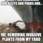 Invasive plant battles | ALL MY NEIGHBORS' YARDS, PLUS ROADSIDES AND ALLEYS AND PARKS AND... ME, REMOVING INVASIVE PLANTS FROM MY YARD | image tagged in cargo ship stuck | made w/ Imgflip meme maker
