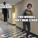 I dont understand math is more real than philosophy | ALGEBRA TWO WRONGS DON'T MAKE A RIGHT | image tagged in guy running from levitating guy,math,ha ha tags go brr | made w/ Imgflip meme maker